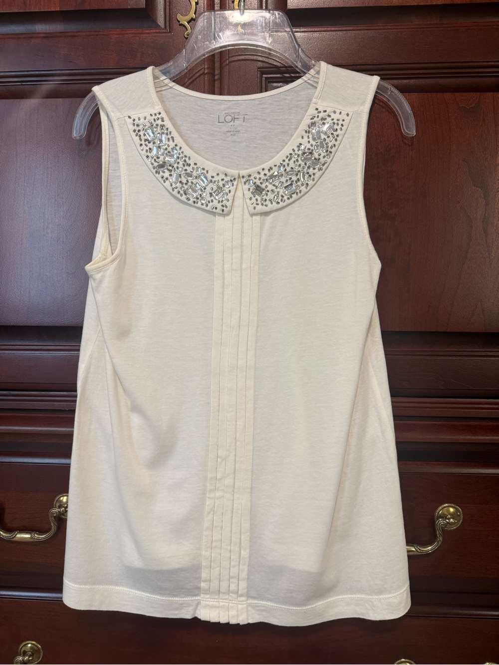 LOFT Cream Sleeveless Top with Jeweled Peter Pan Collar
